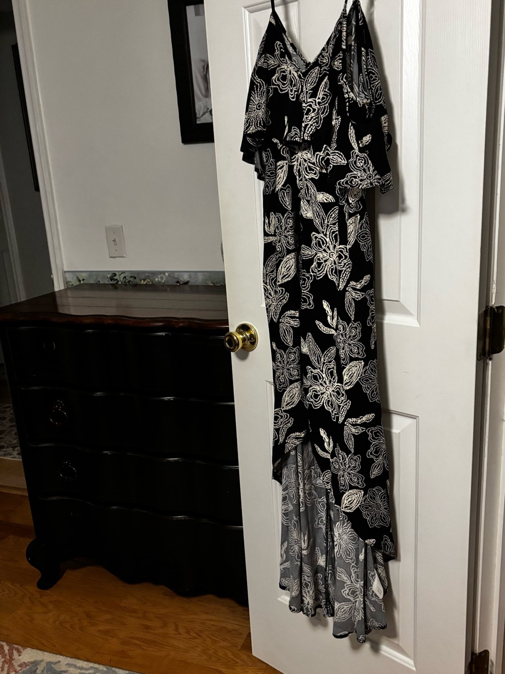 Rewind Black and White Floral High Low Maxi Dress with Ruffle Overlay Bodice
